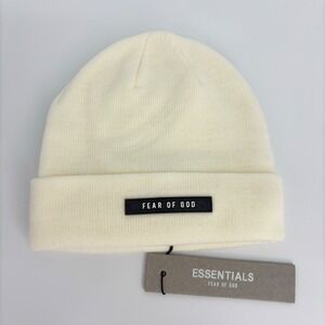 New FEAR OF GOD ESSENTIALS logo Beanie Hat Cream White Knit Cuff Logo Men Unisex